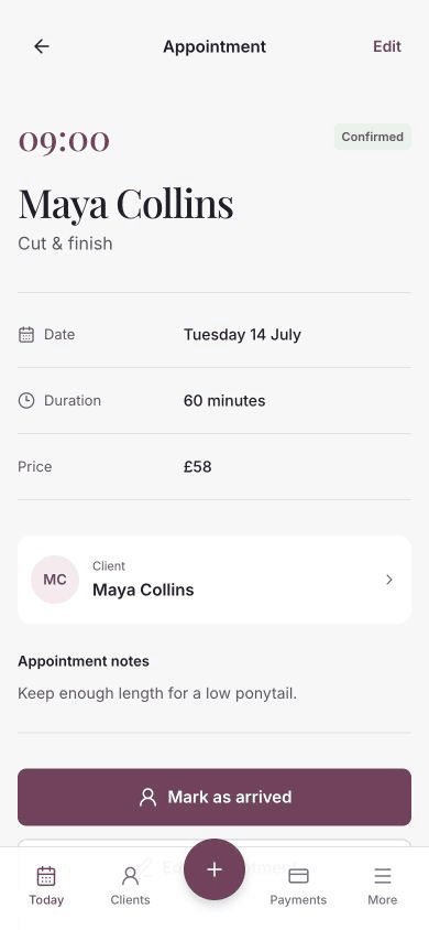 An appointment showing Mark as arrived, Edit appointment, Take payment and Cancel appointment actions.