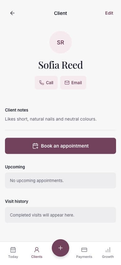 Chairful client profile with notes and booking action