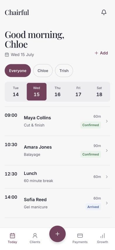 The Chairful diary showing appointments for a salon team