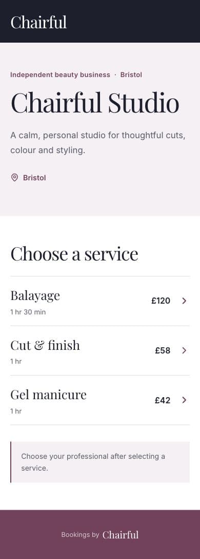 A Chairful online booking page showing services and prices
