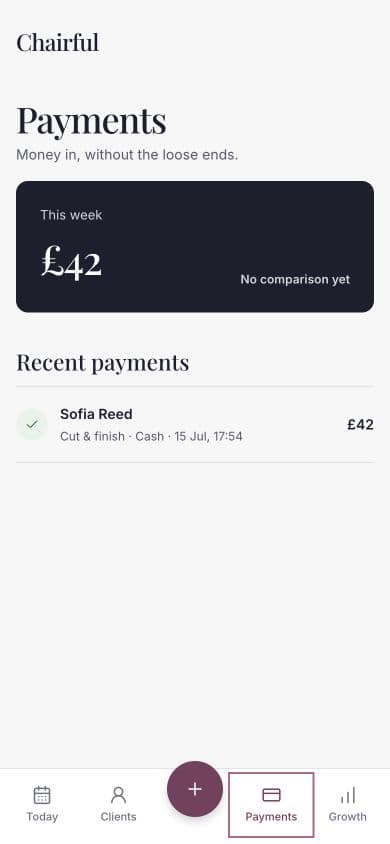 Chairful payments overview showing weekly takings and a recent payment